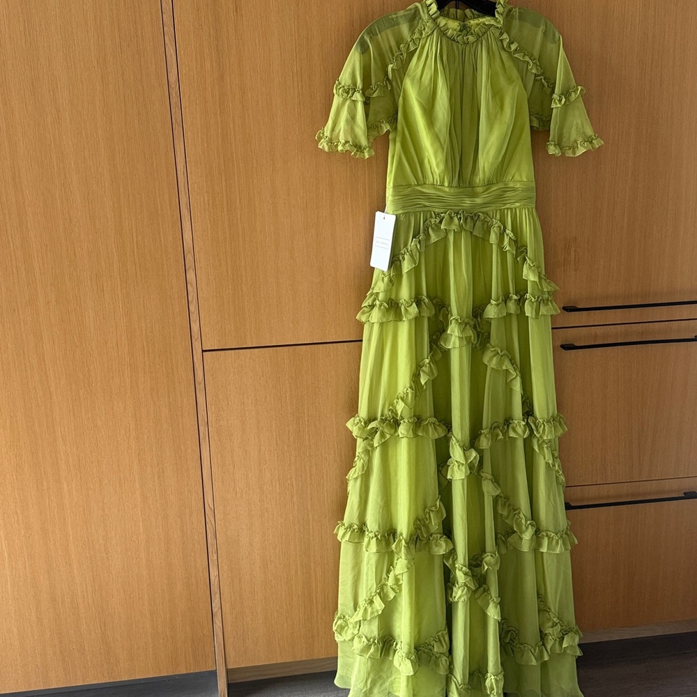 Mac Duggal Chiffon Cascading Ruffle Flutter Sleeve Gown Color Apple Green Size 4 - Picture 5 of 17